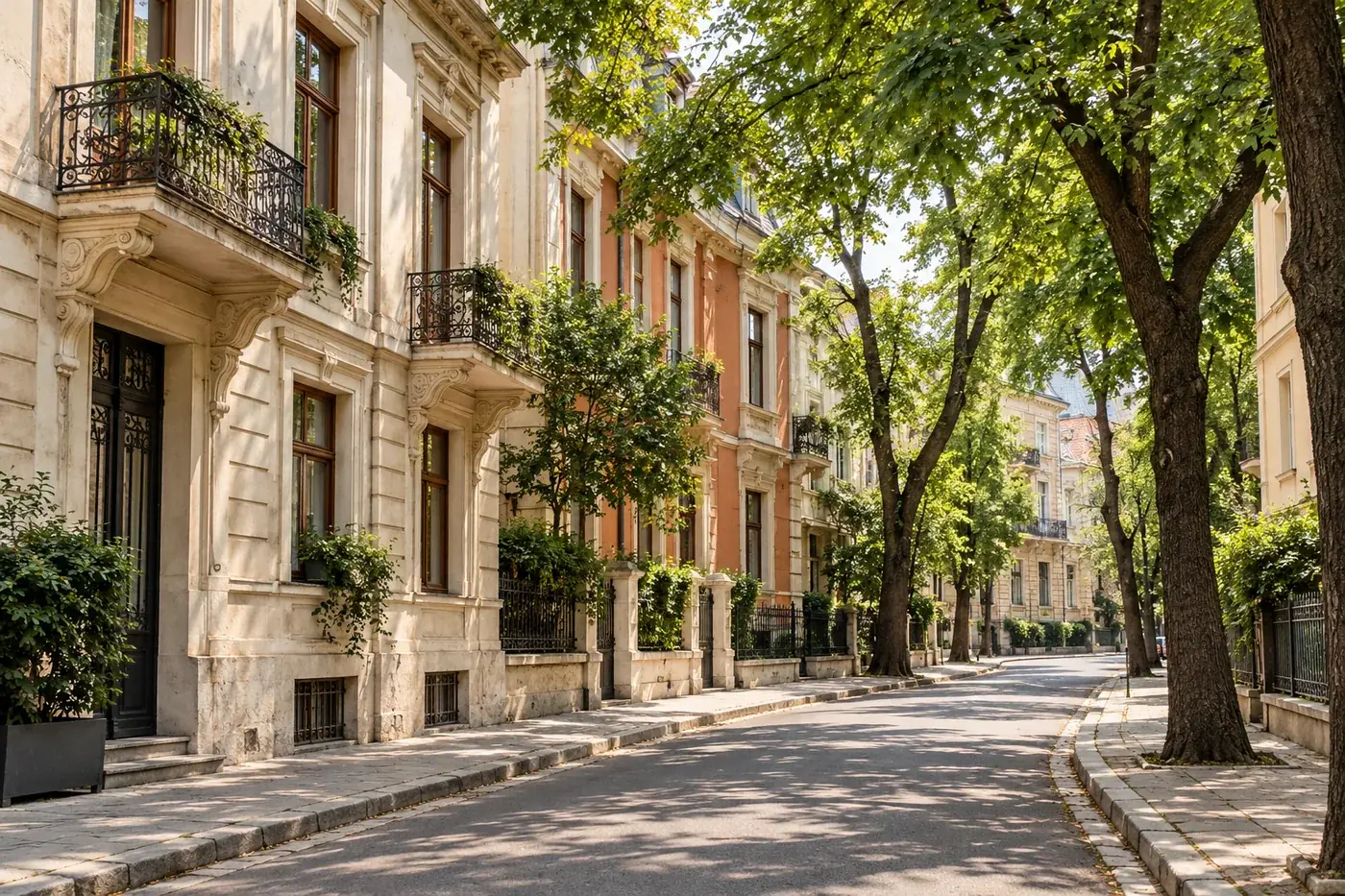 Strada alberata con edifici classici, ispirata ai quartieri residenziali di Bucarest.