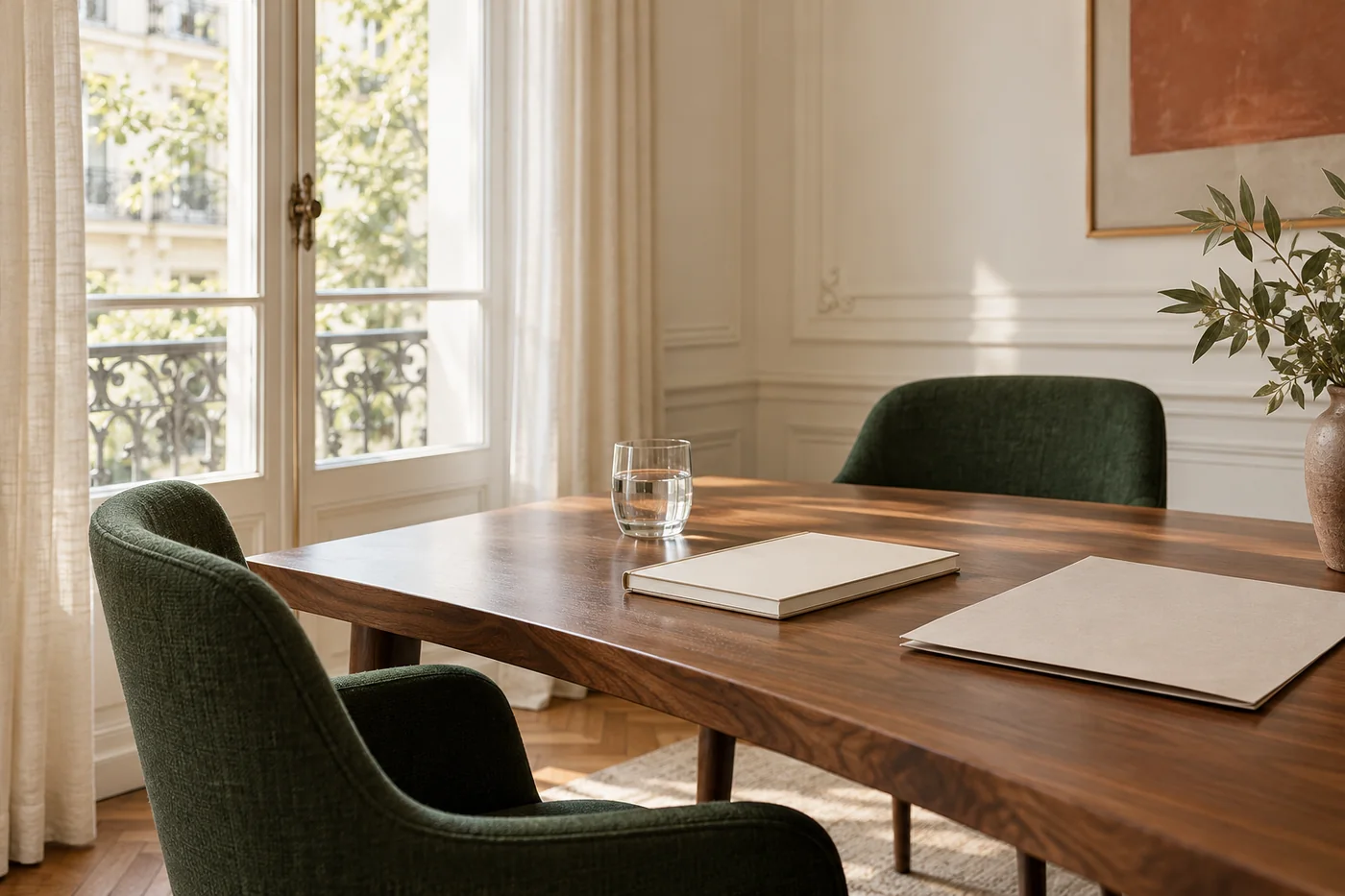 Tavolo per riunioni con cartella e quaderno, in un ambiente classico e luminoso.