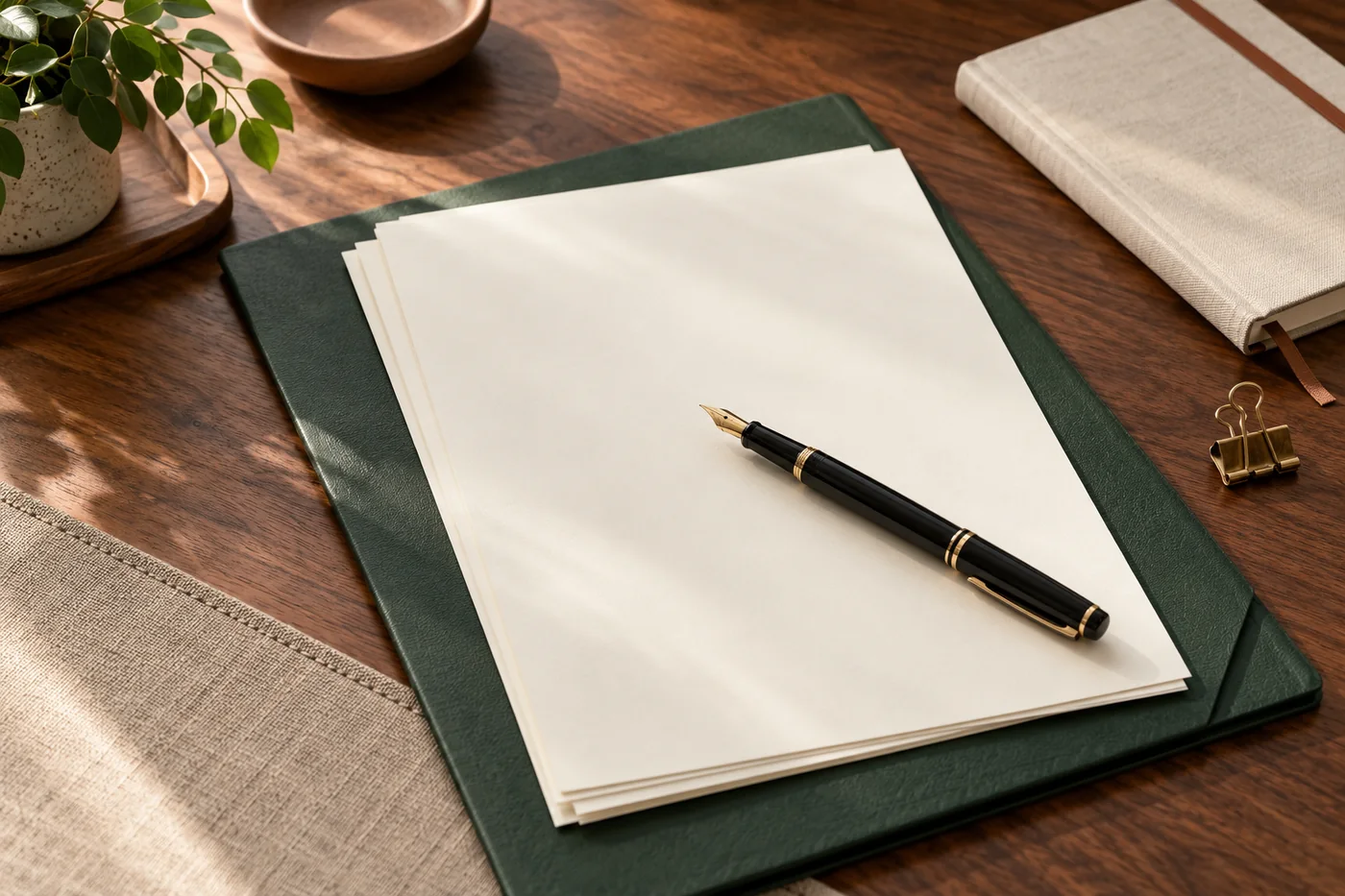 Fogli bianchi, cartella verde e penna stilografica su una scrivania in legno.
