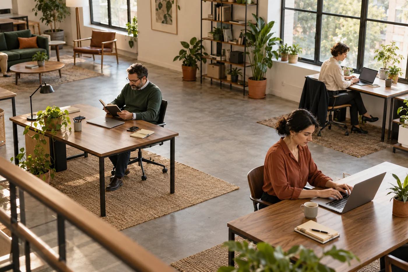 Tre professionisti indipendenti lavorano in uno spazio condiviso.