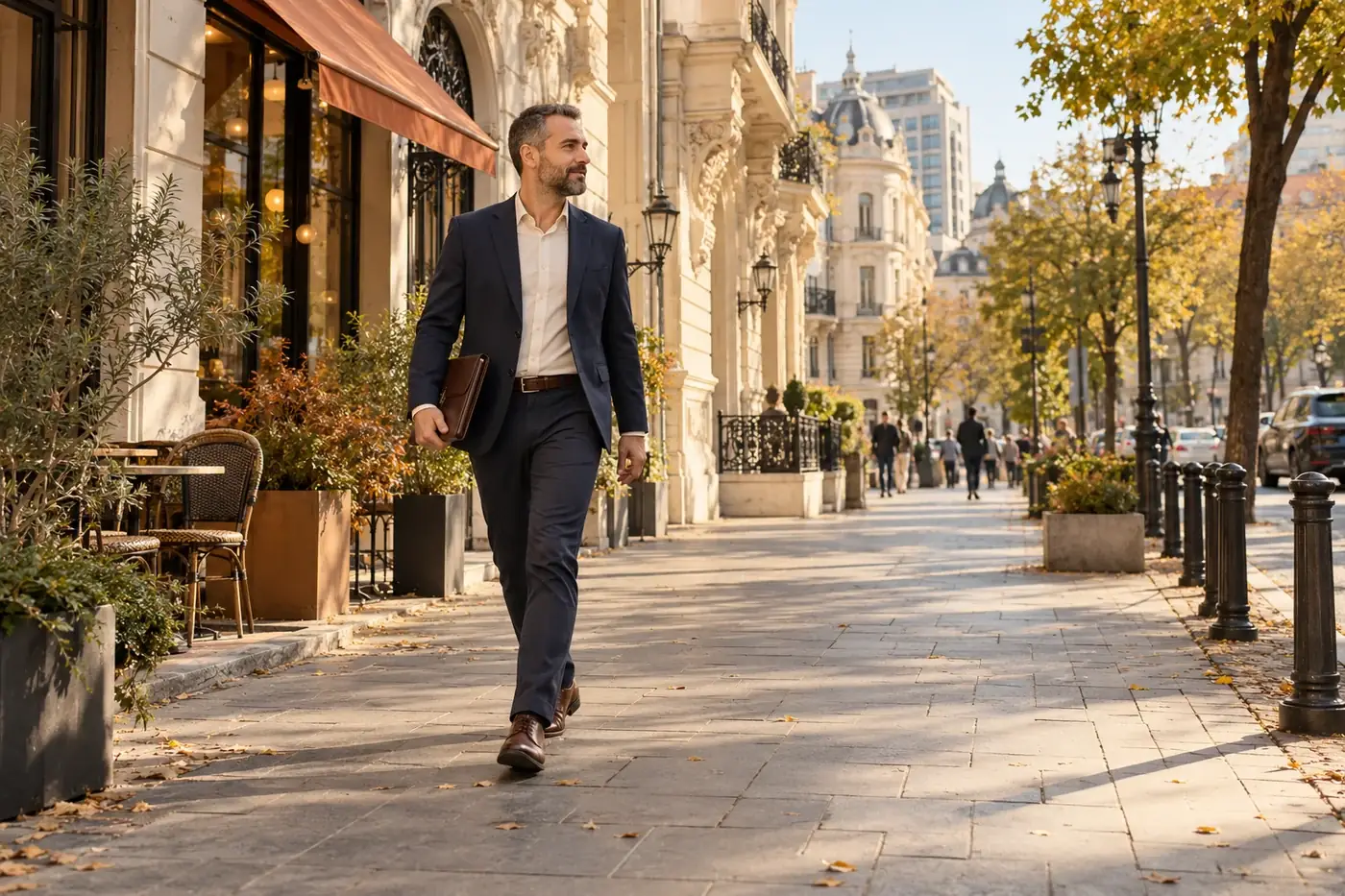 Un professionista arriva in città con una cartella di lavoro.