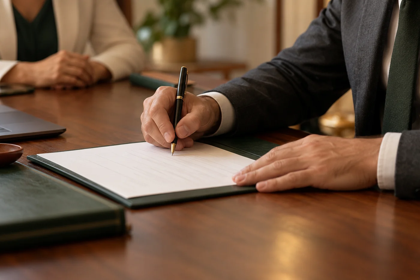 Una persona firma un modulo durante un incontro di lavoro.